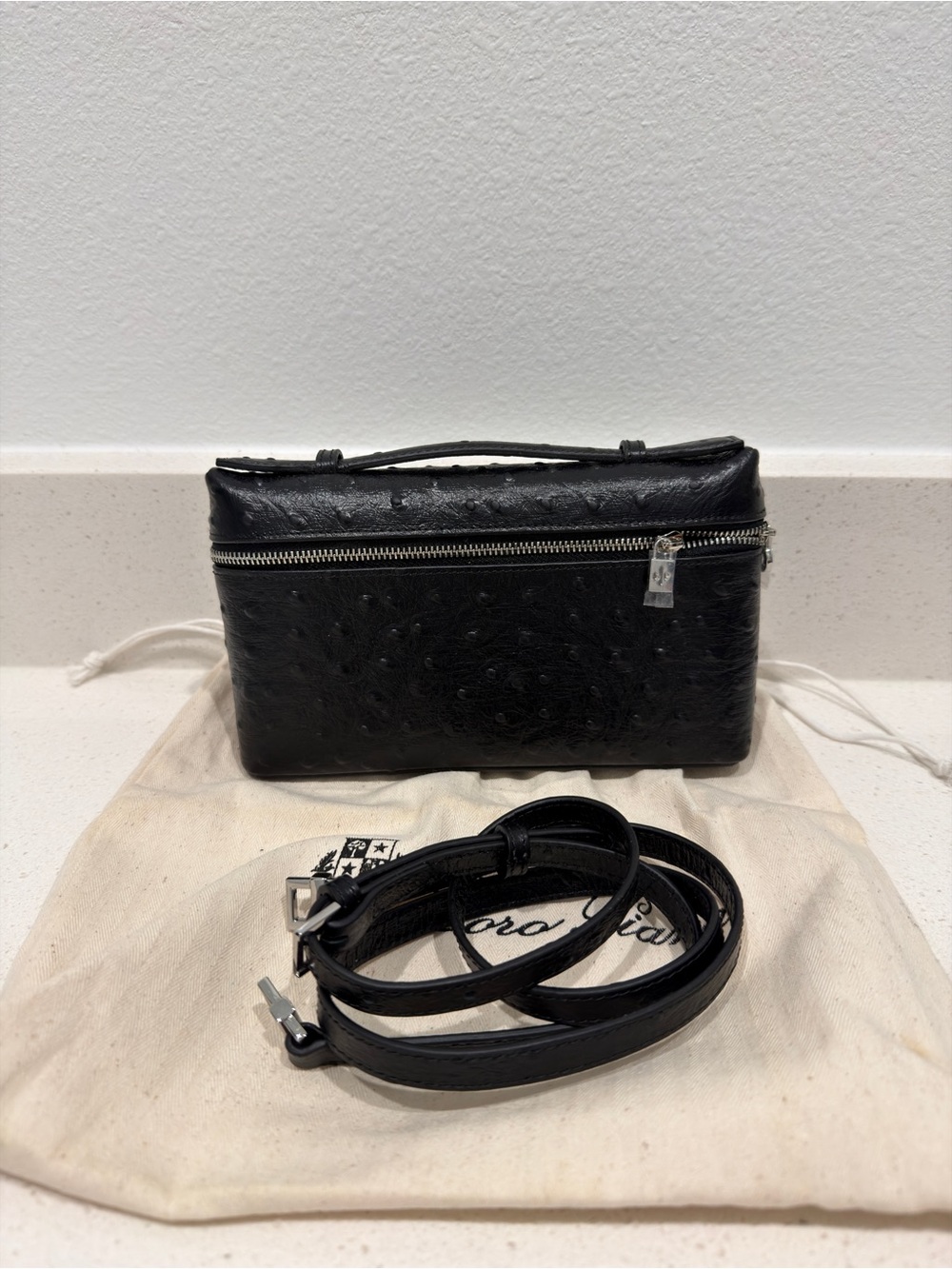 Black Ostrich-Texture Leather Crossbody Bag